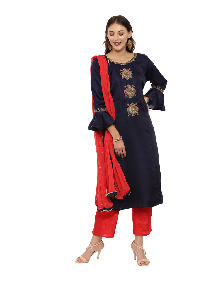 Neerus Blue embellished kurta set with palazzo and dupatta - front view