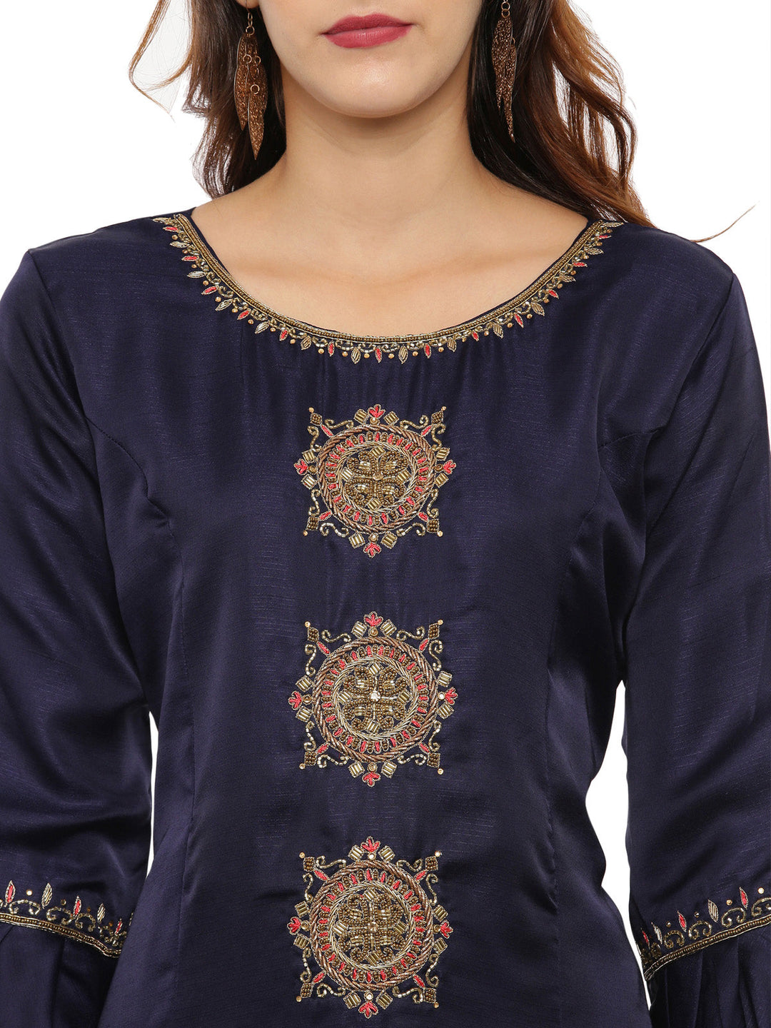 Neerus Blue embellished kurta set with palazzo and dupatta - back view