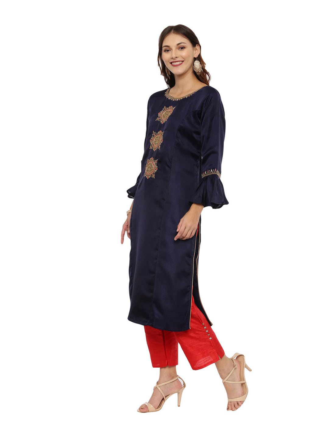 Neerus Blue embellished kurta set with palazzo and dupatta - detail view 2