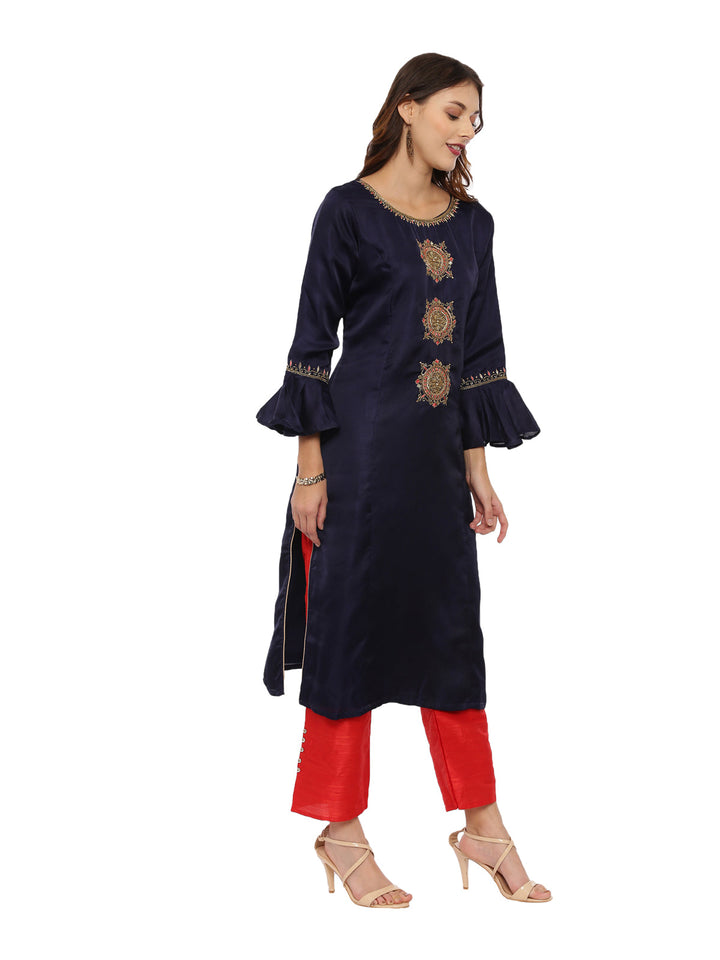 Neerus Blue embellished kurta set with palazzo and dupatta - side view