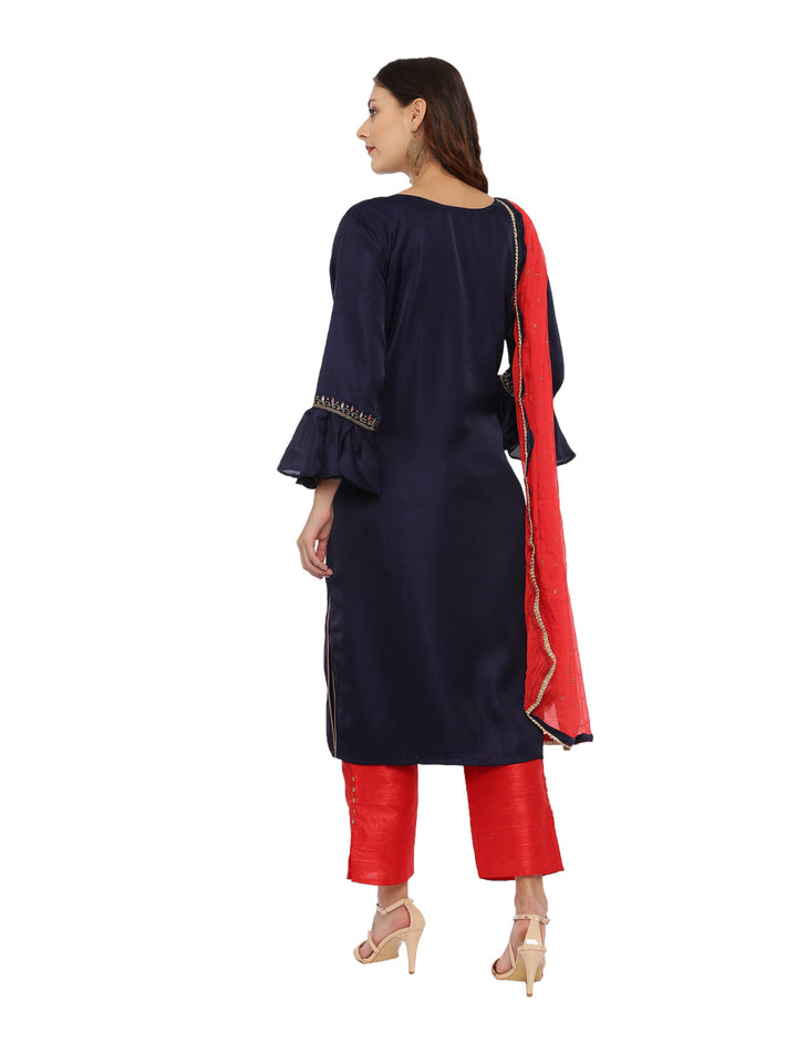 Neerus Blue embellished kurta set with palazzo and dupatta - detail view 1