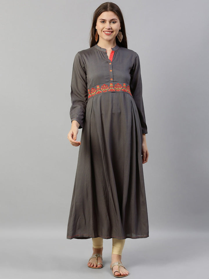 Neerus Grey embroidered A-line kurta - front view