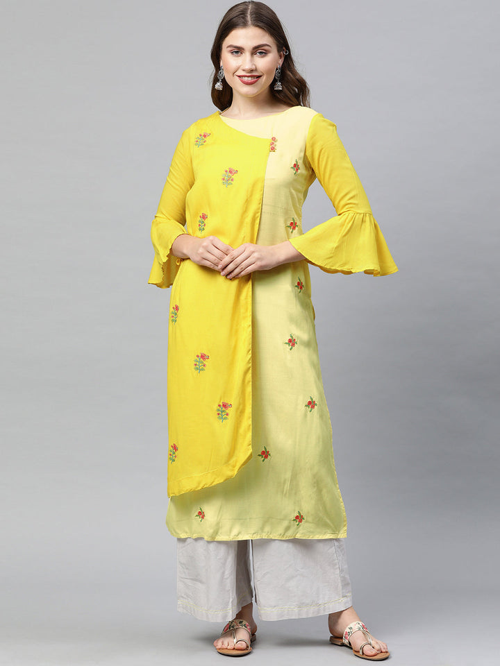Neerus Yellow viscose rayon embroidered angrakha kurti - front view