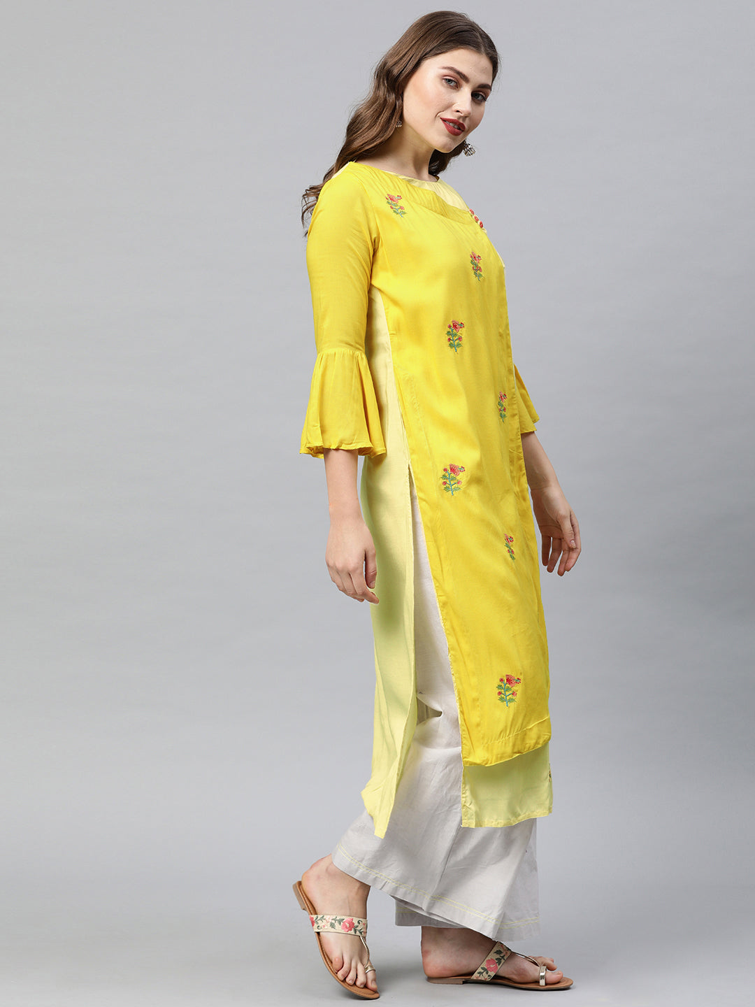 Neerus Yellow viscose rayon embroidered angrakha kurti - side view