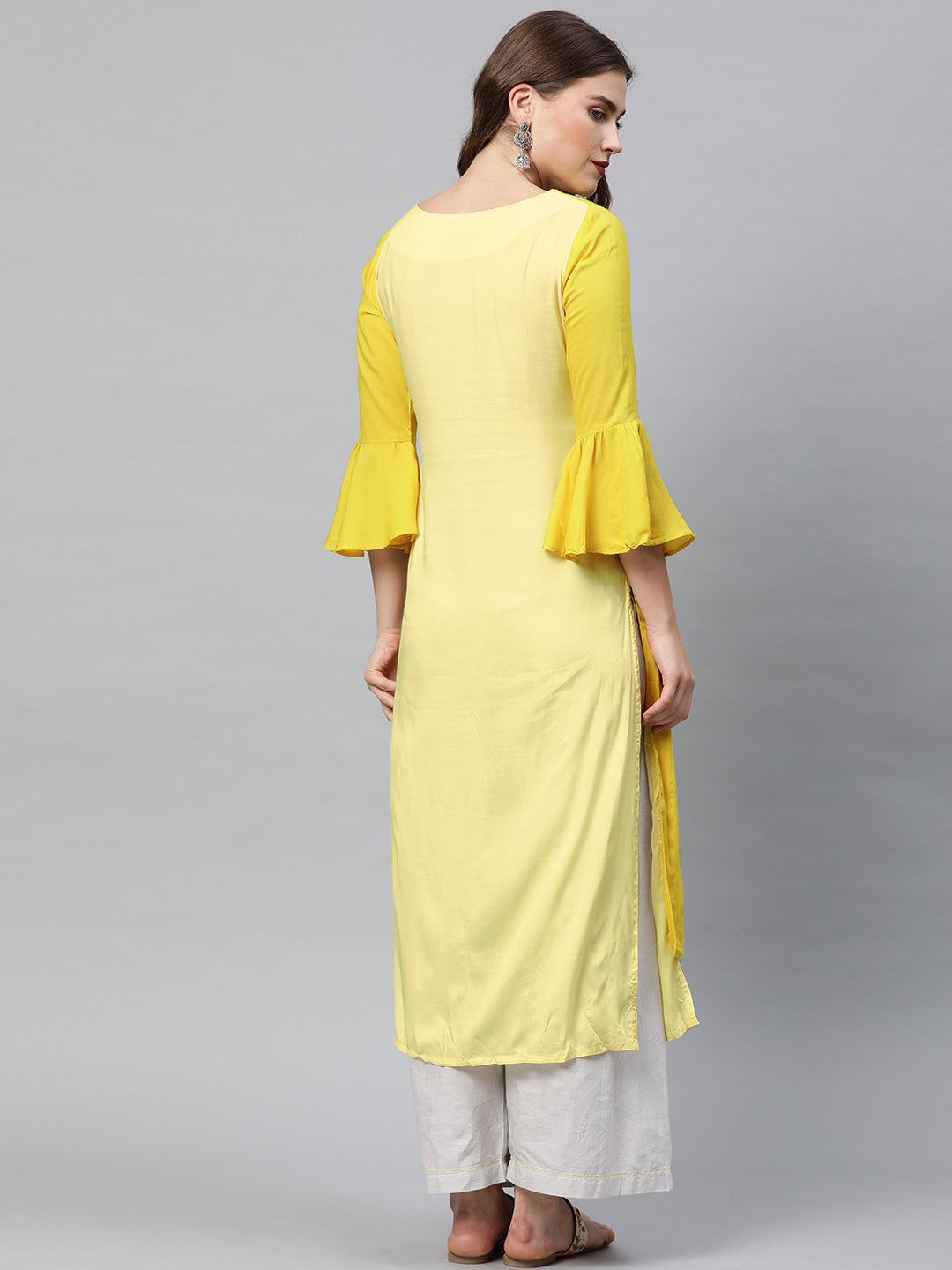 Neerus Yellow viscose rayon embroidered angrakha kurti - detail view 1