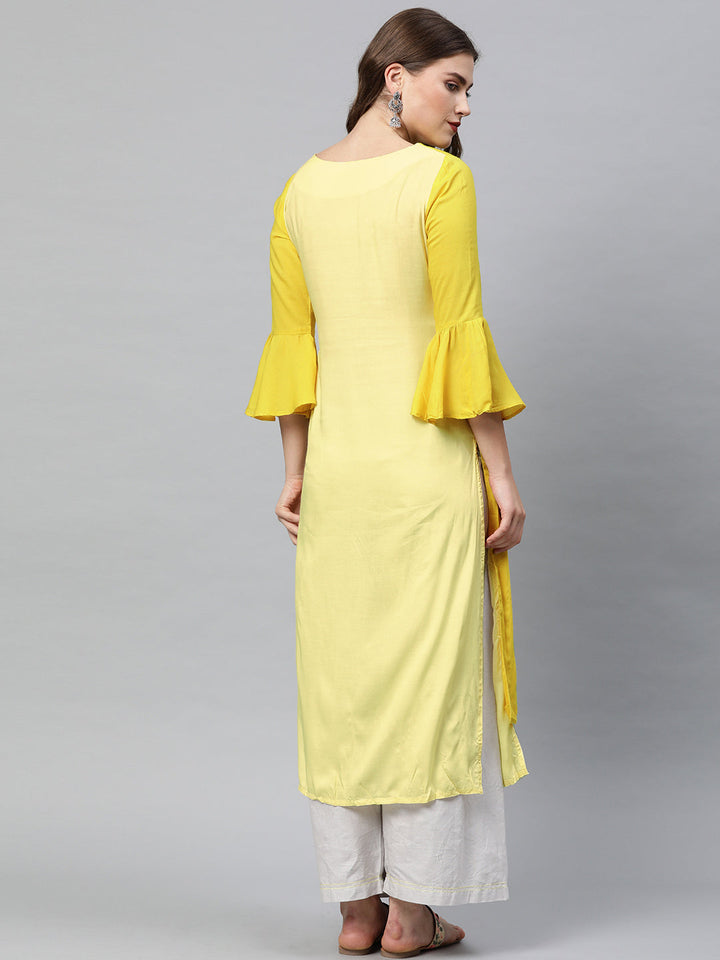 Neerus Yellow viscose rayon embroidered angrakha kurti - detail view 1