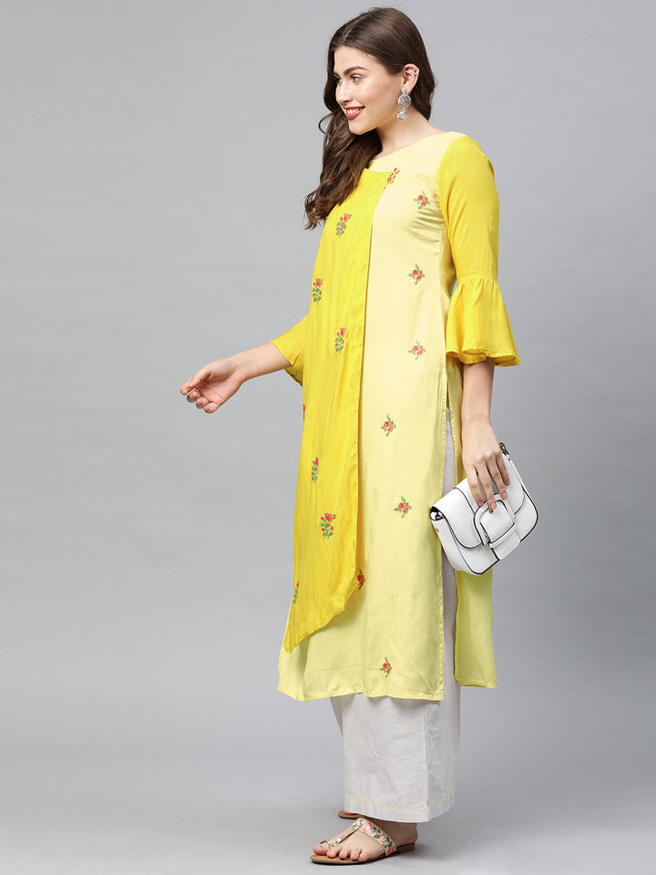 Neerus Yellow viscose rayon embroidered angrakha kurti - detail view 2