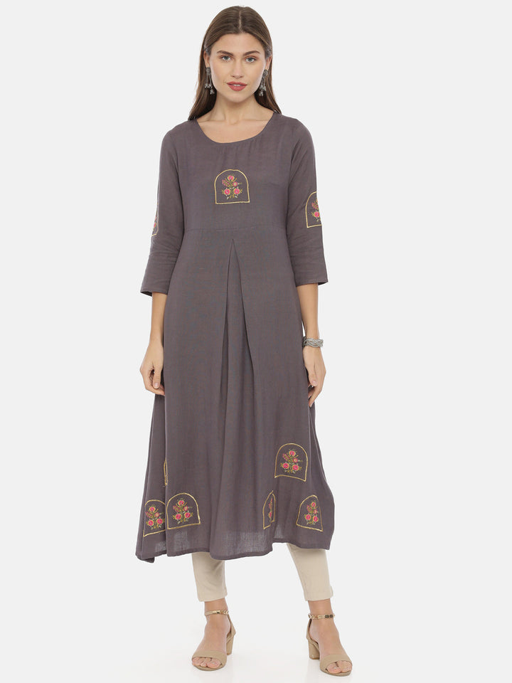 Neerus Grey rayon solid kurti tunic - front view