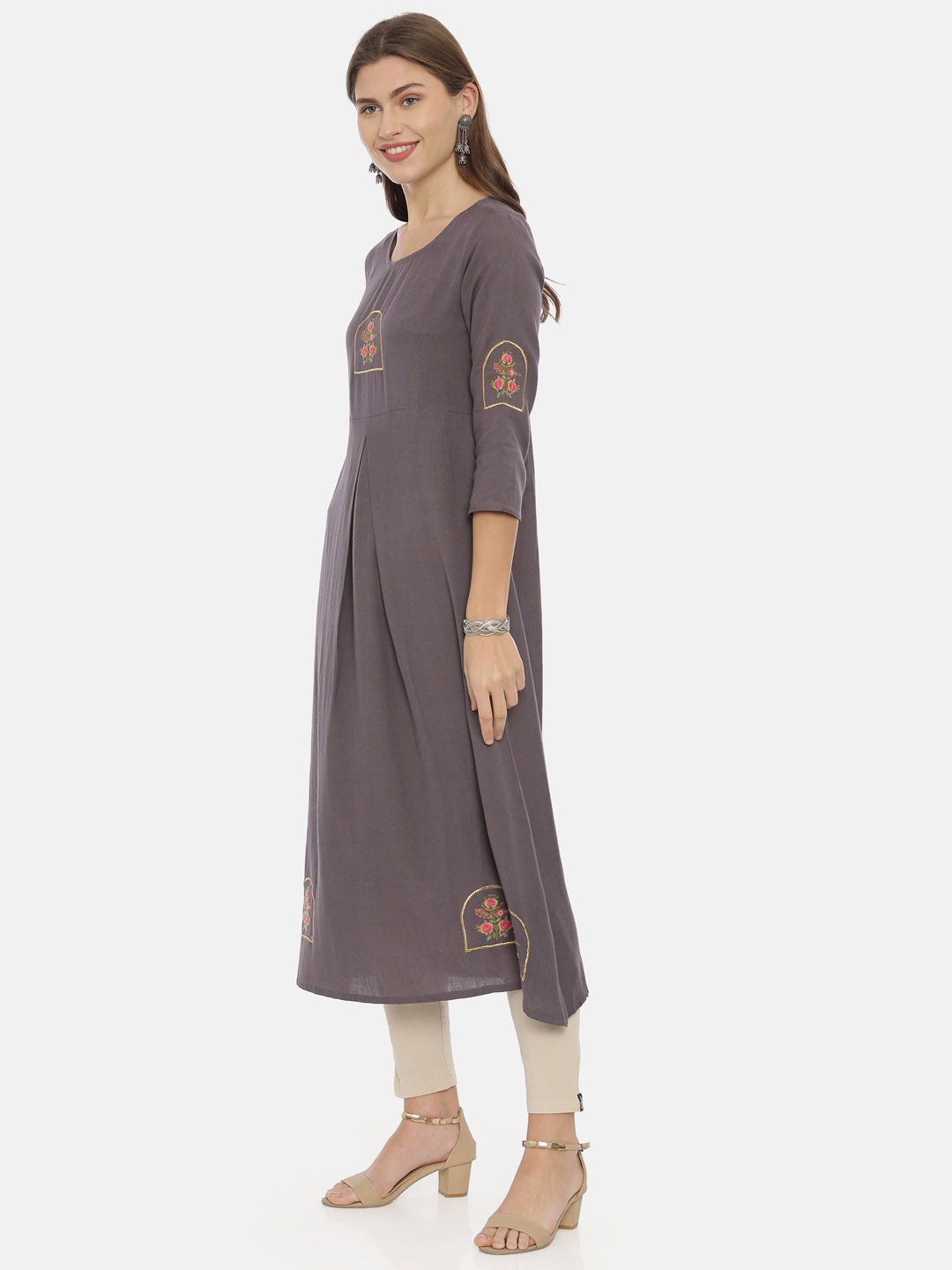 Neerus Grey rayon solid kurti tunic - side view