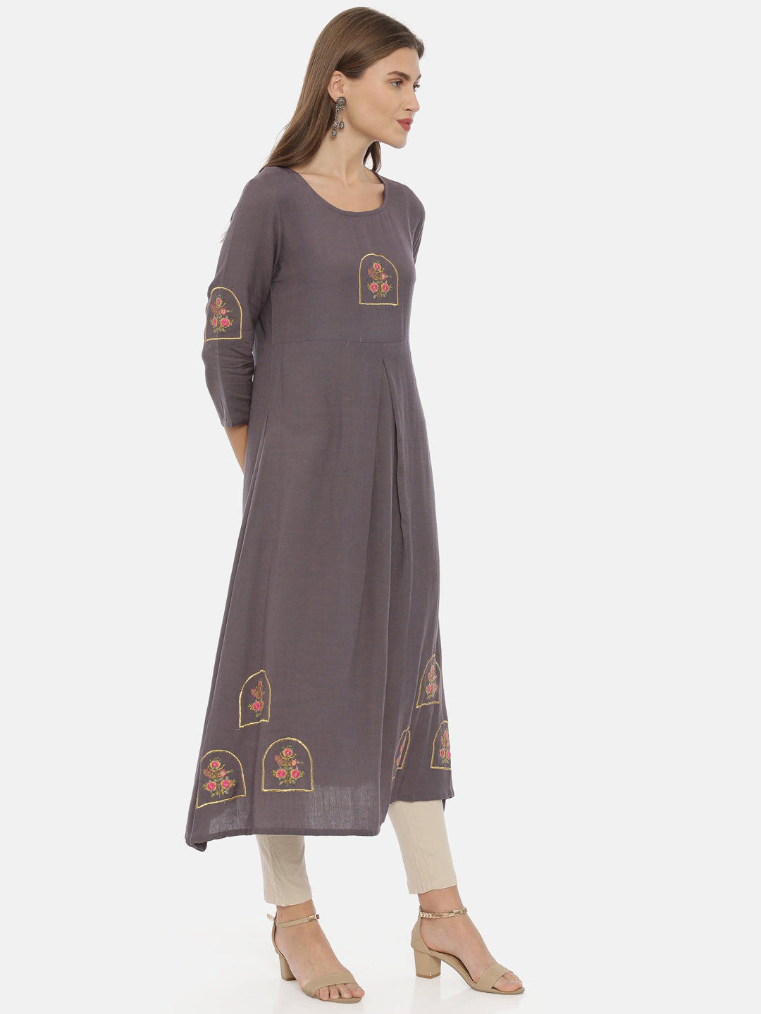 Neerus Grey rayon solid kurti tunic - detail view 1