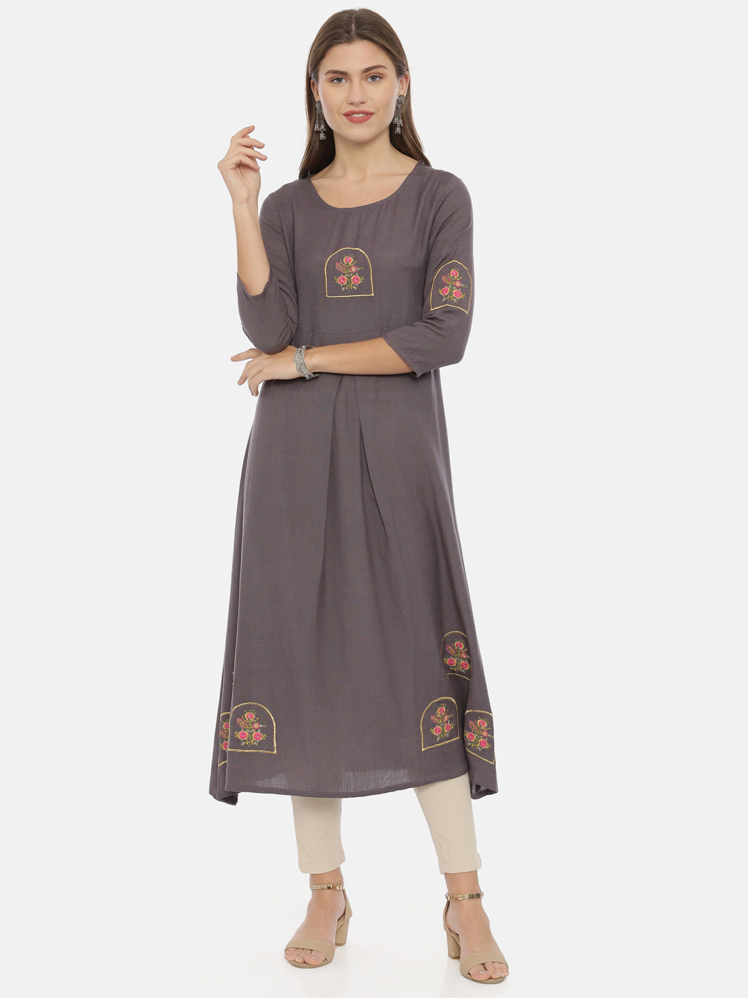 Neerus Grey rayon solid kurti tunic - detail view 3