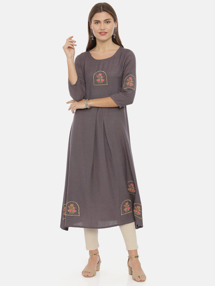 Neerus Grey rayon solid kurti tunic - detail view 3