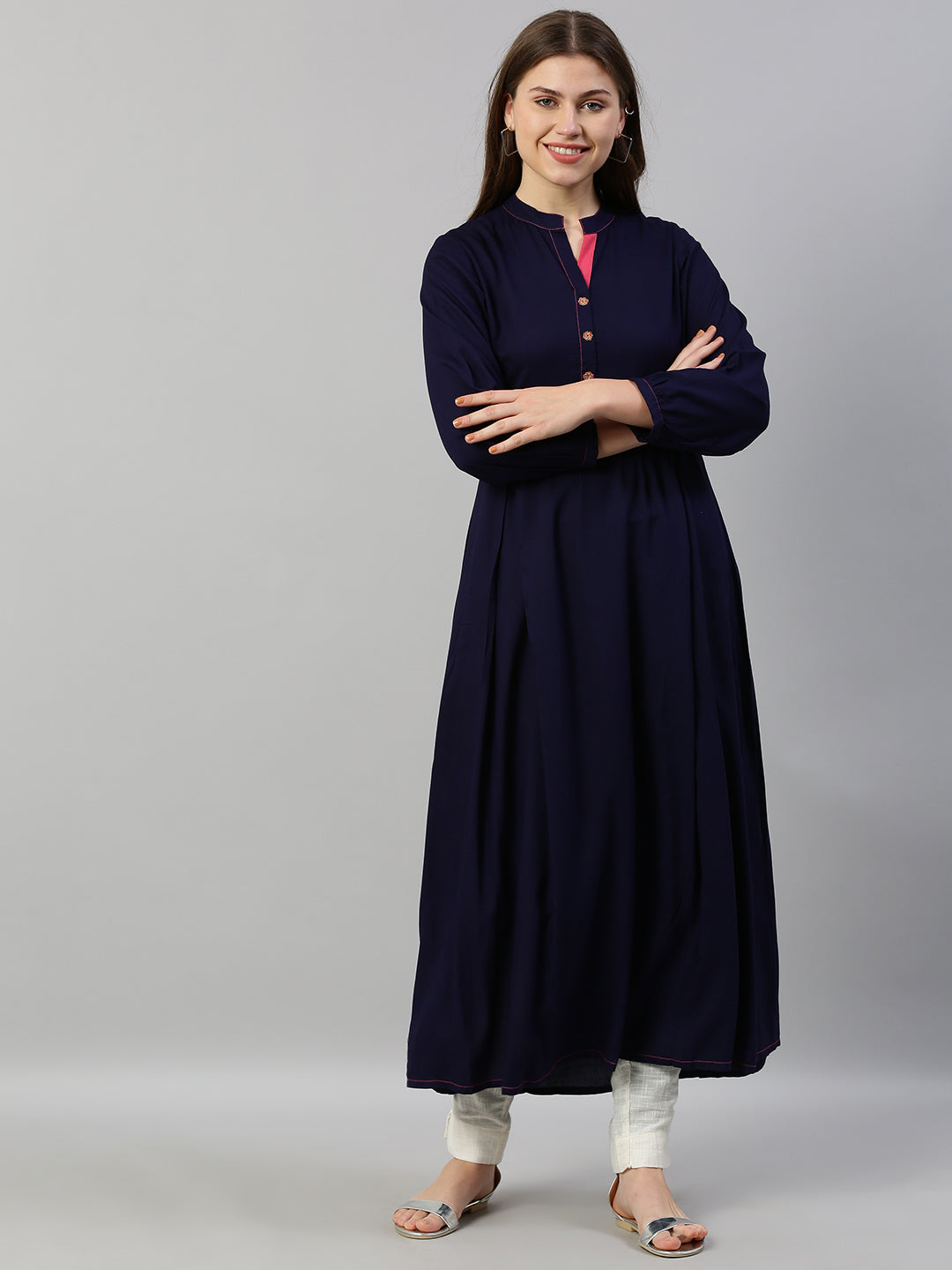 Neerus Blue viscose rayon thread embroidered anarkali kurta - front view