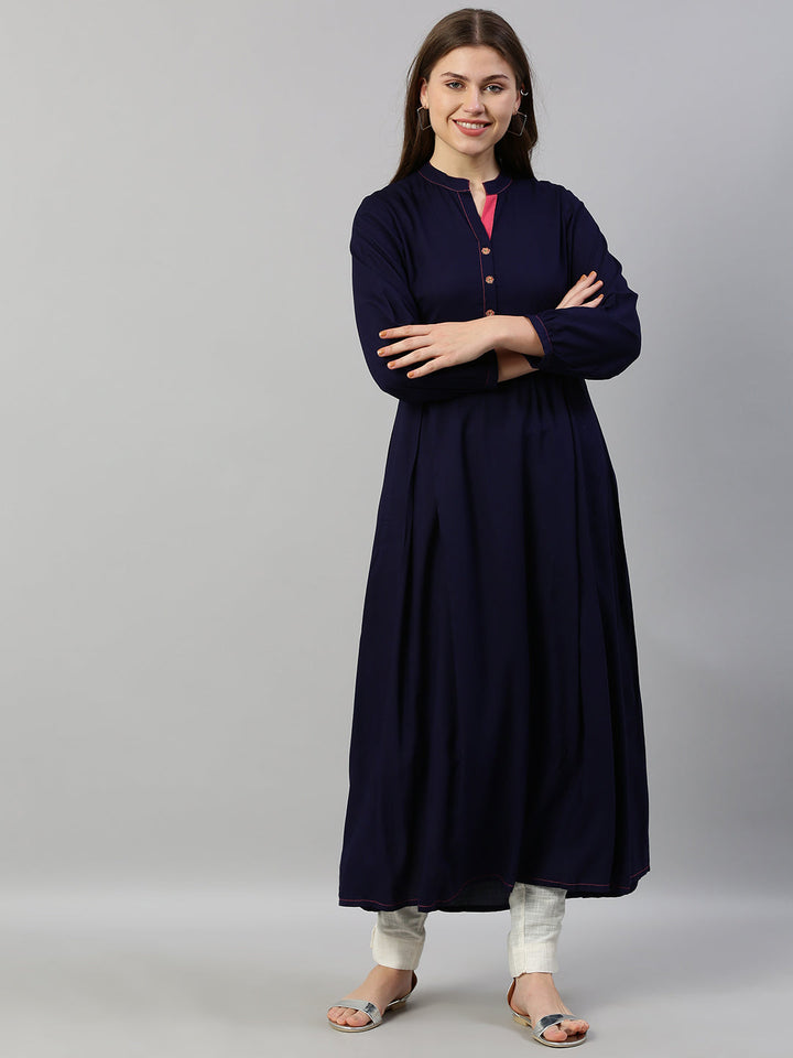 Neerus Blue viscose rayon thread embroidered anarkali kurta - front view