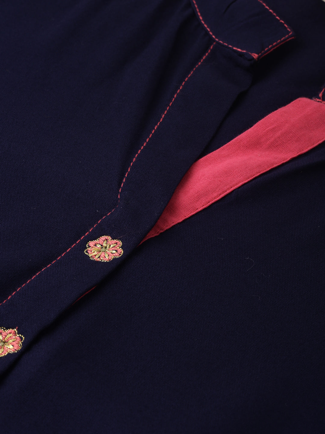 Neerus Blue viscose rayon thread embroidered anarkali kurta - side view