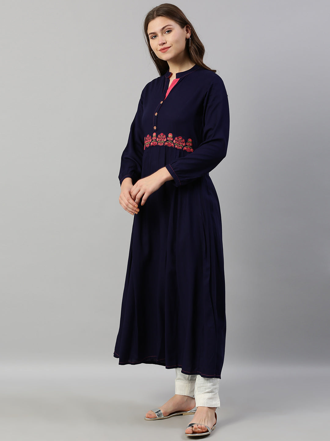 Neerus Blue viscose rayon thread embroidered anarkali kurta - detail view 1