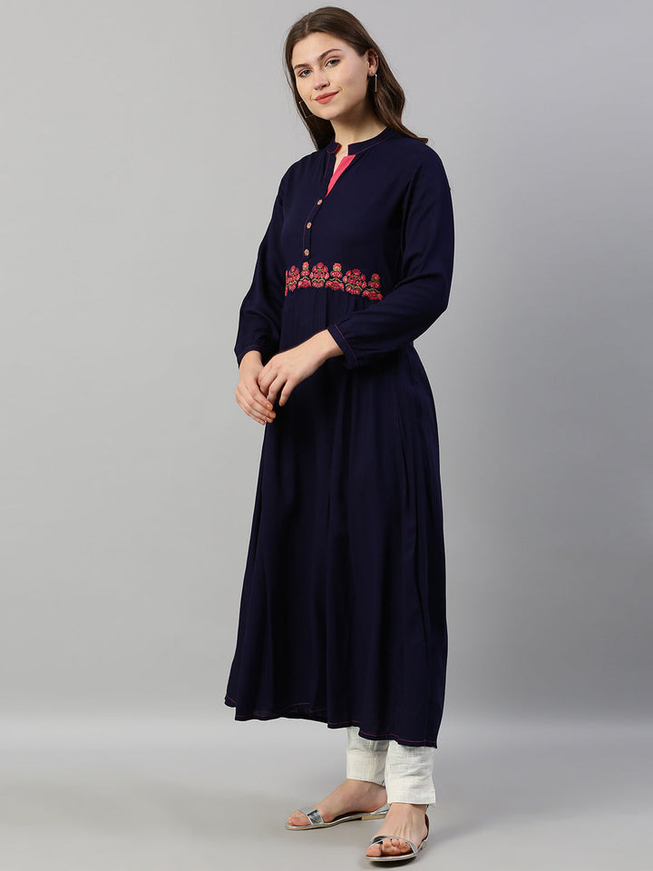 Neerus Blue viscose rayon thread embroidered anarkali kurta - detail view 1