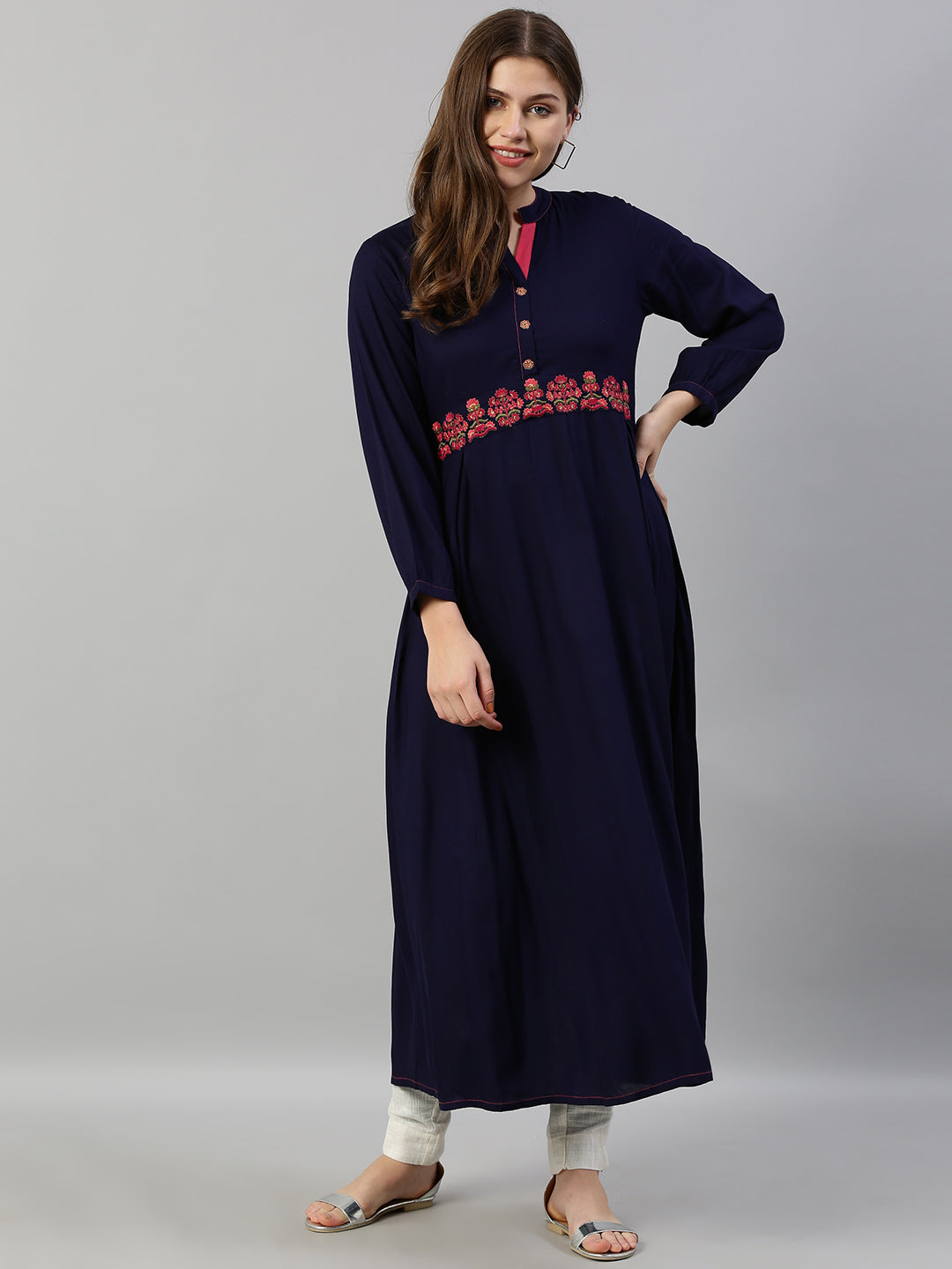Neerus Blue viscose rayon thread embroidered anarkali kurta - detail view 3