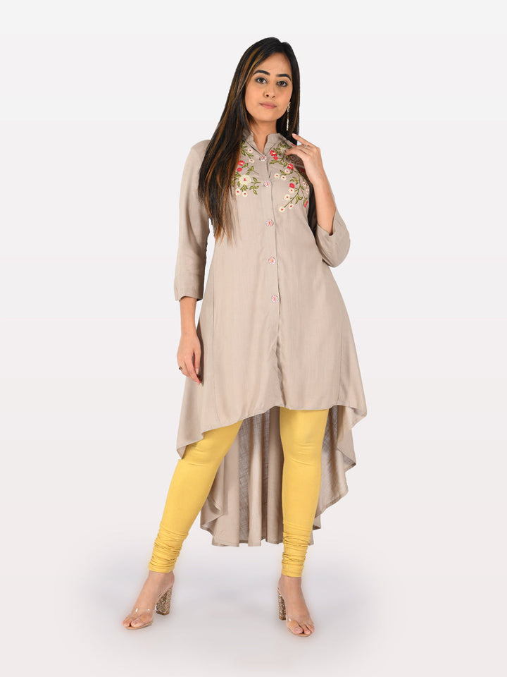 Neerus Beige rayon embroidered high-low kurta - front view
