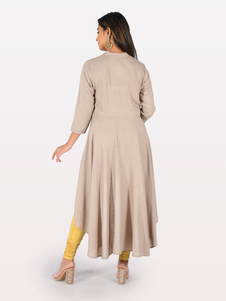 Neerus Beige rayon embroidered high-low kurta - back view