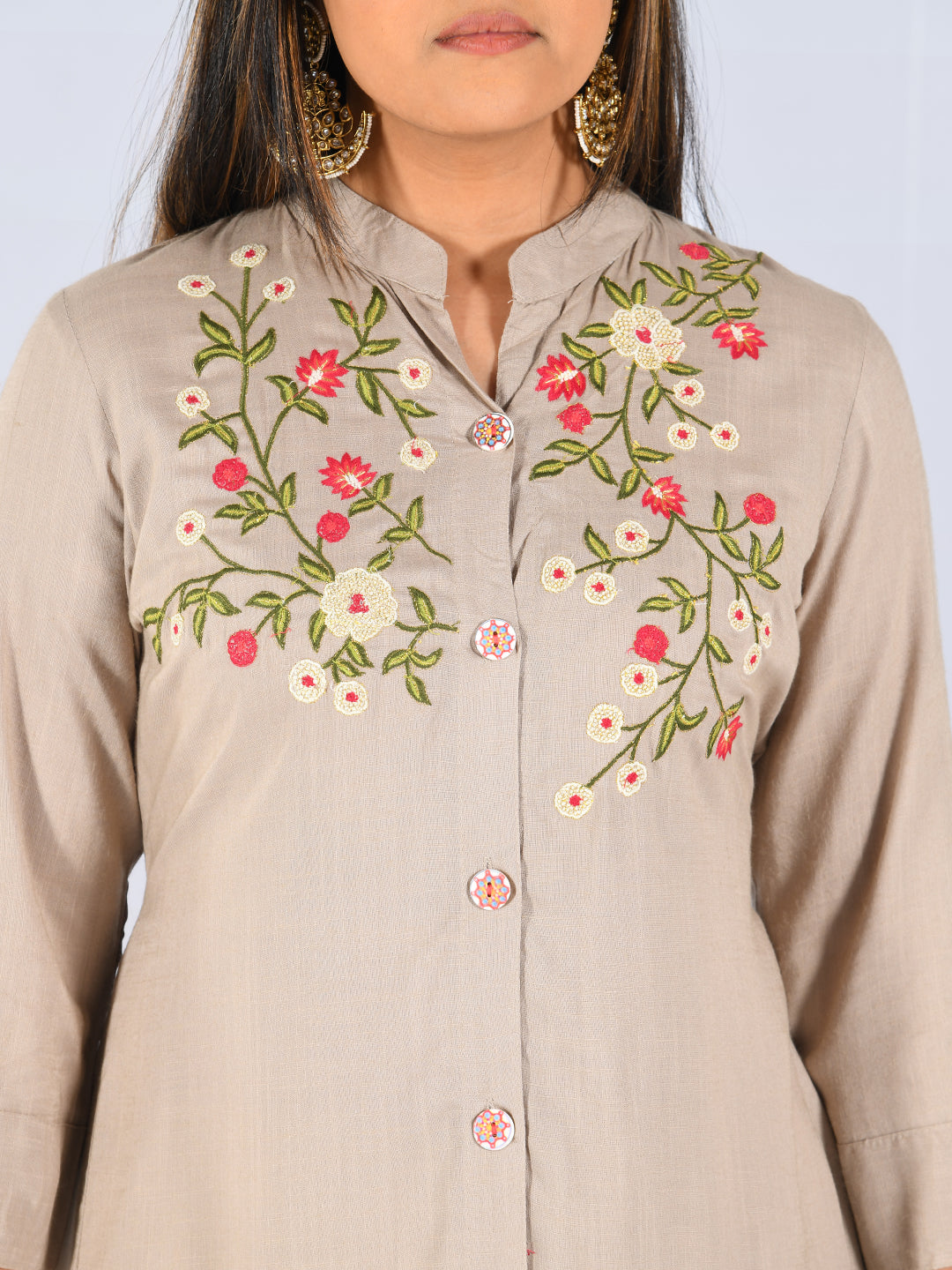 Neerus Beige rayon embroidered high-low kurta - side view