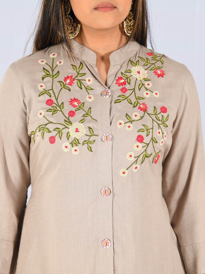 Neerus Beige rayon embroidered high-low kurta - side view