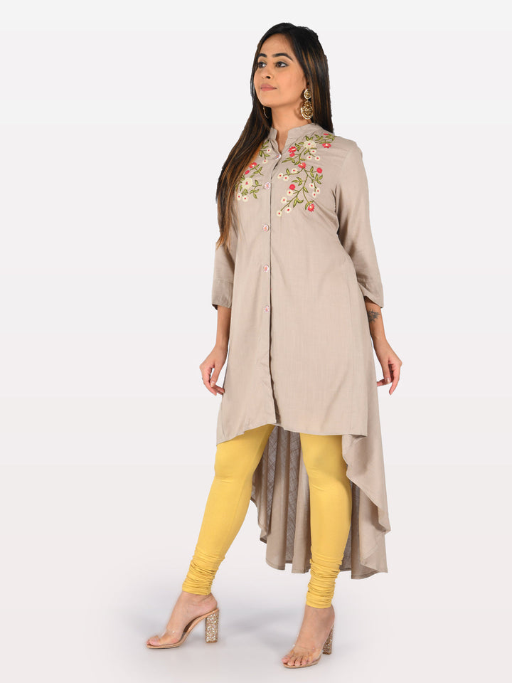 Neerus Beige rayon embroidered high-low kurta - detail view 2