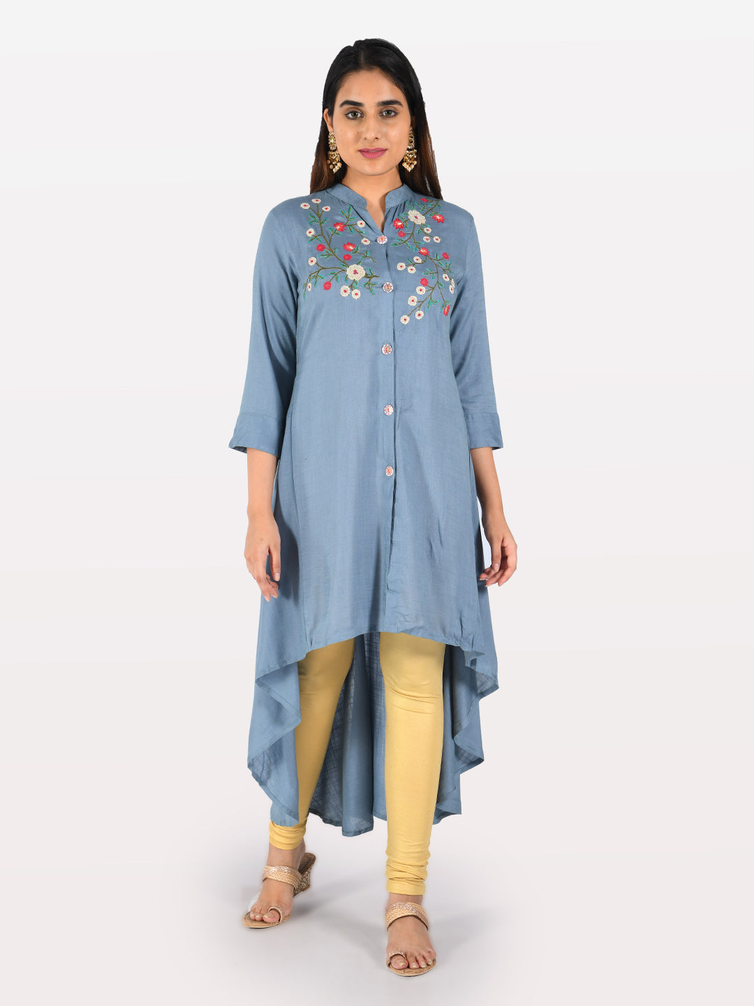 Neerus Blue Rayon Embroidered High-Low Kurta - detail view 2