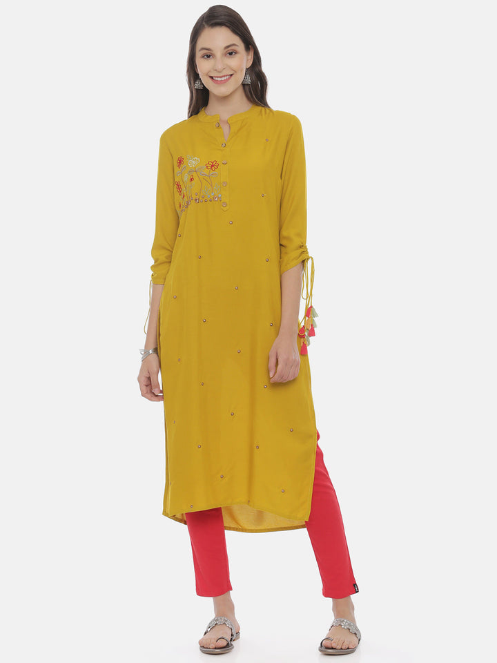 Neerus Yellow embroidered straight kurta - front view
