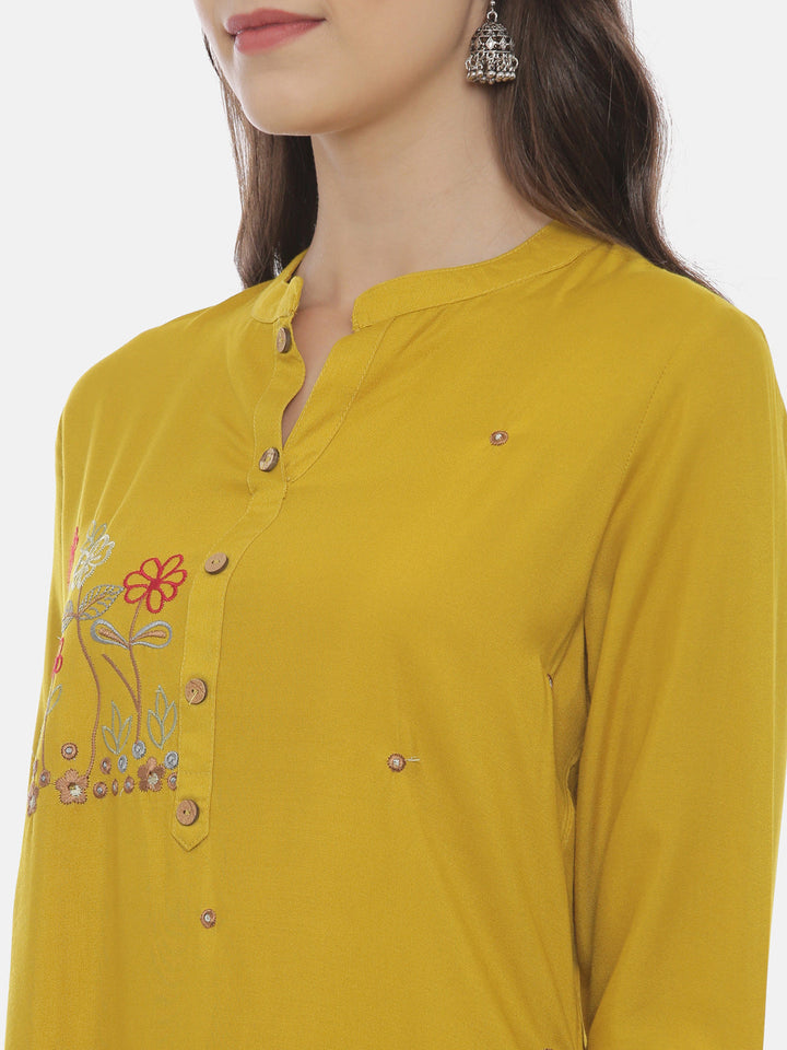 Neerus Yellow embroidered straight kurta - back view