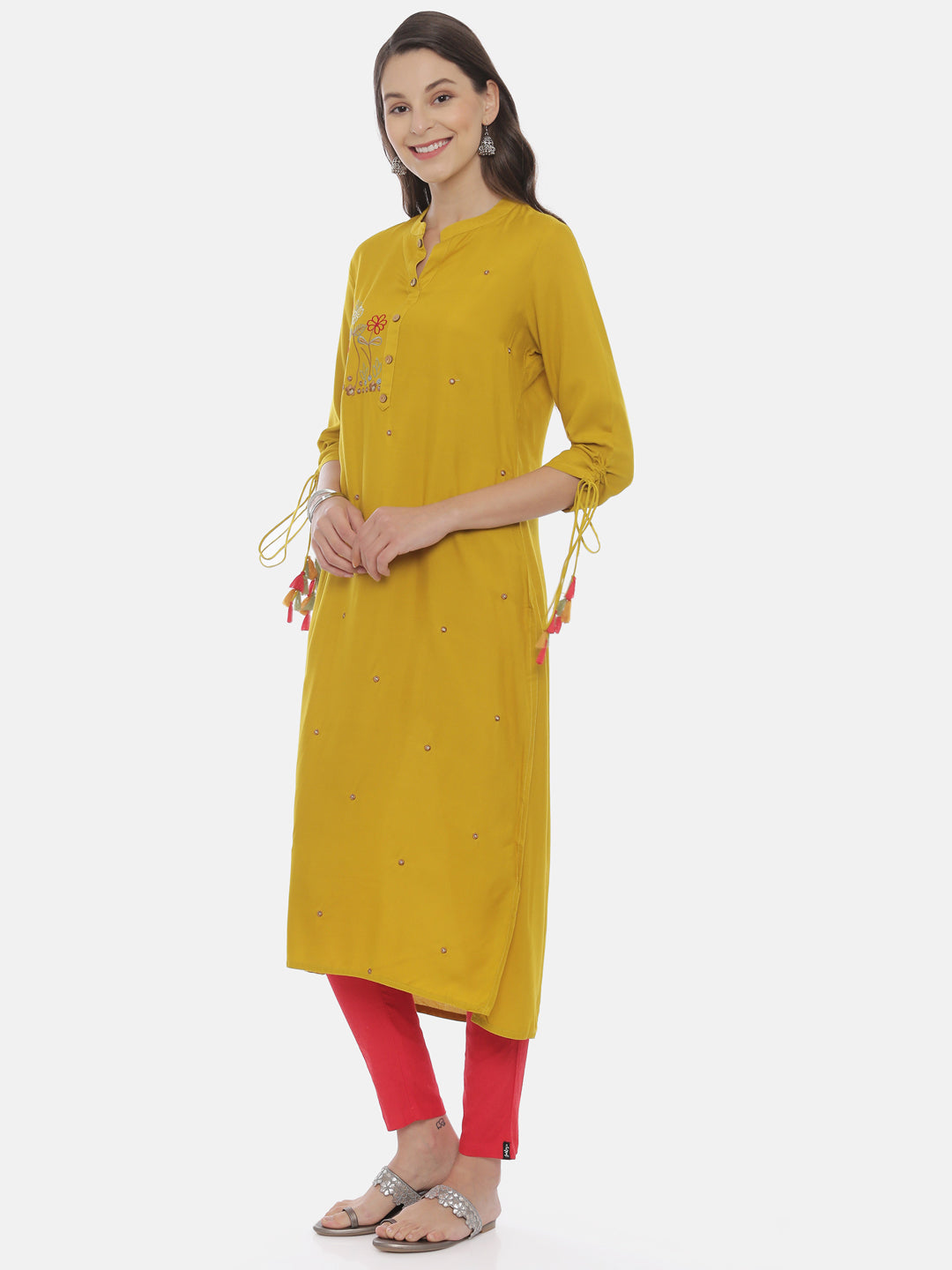 Neerus Yellow embroidered straight kurta - side view