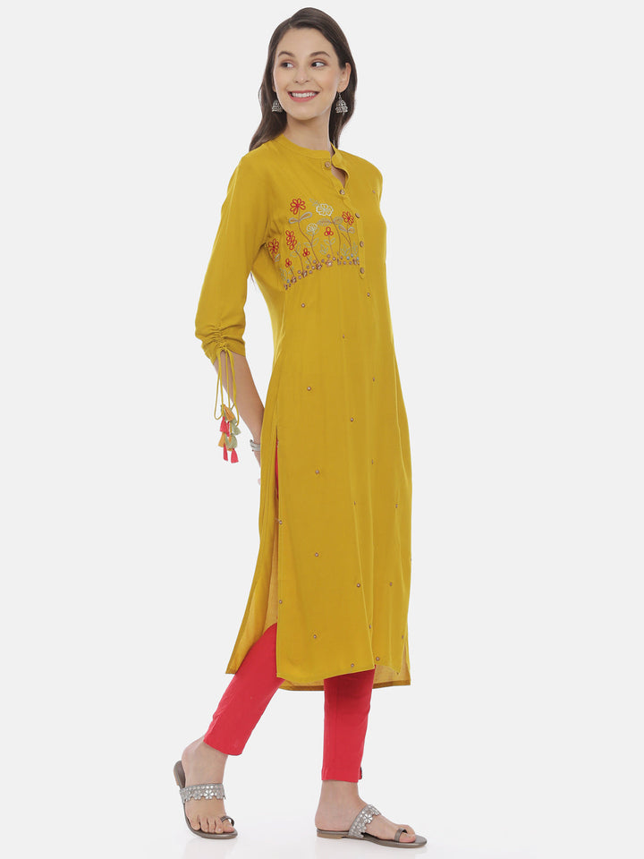 Neerus Yellow embroidered straight kurta - detail view 1