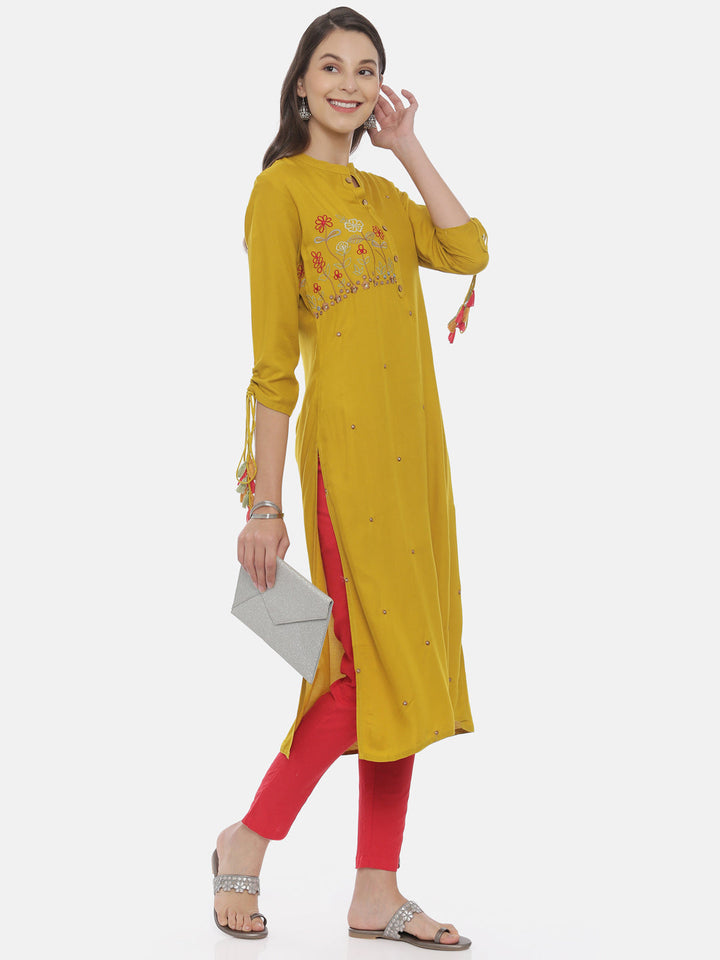 Neerus Yellow embroidered straight kurta - detail view 3