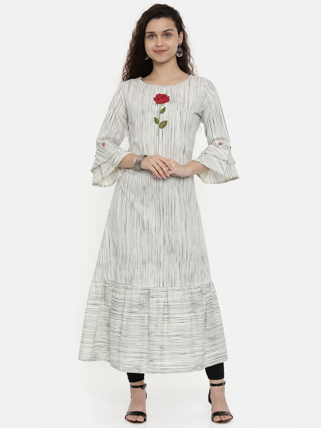 Neerus Beige cotton embroidered A-line kurta - front view