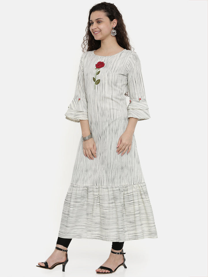 Neerus Beige cotton embroidered A-line kurta - detail view 2