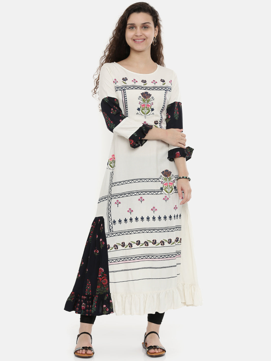 Neerus White rayon embroidered anarkali kurti - front view