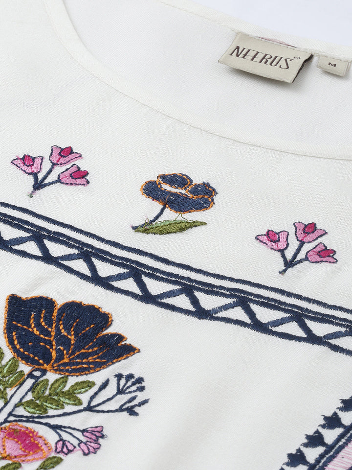 Neerus White rayon embroidered anarkali kurti - back view