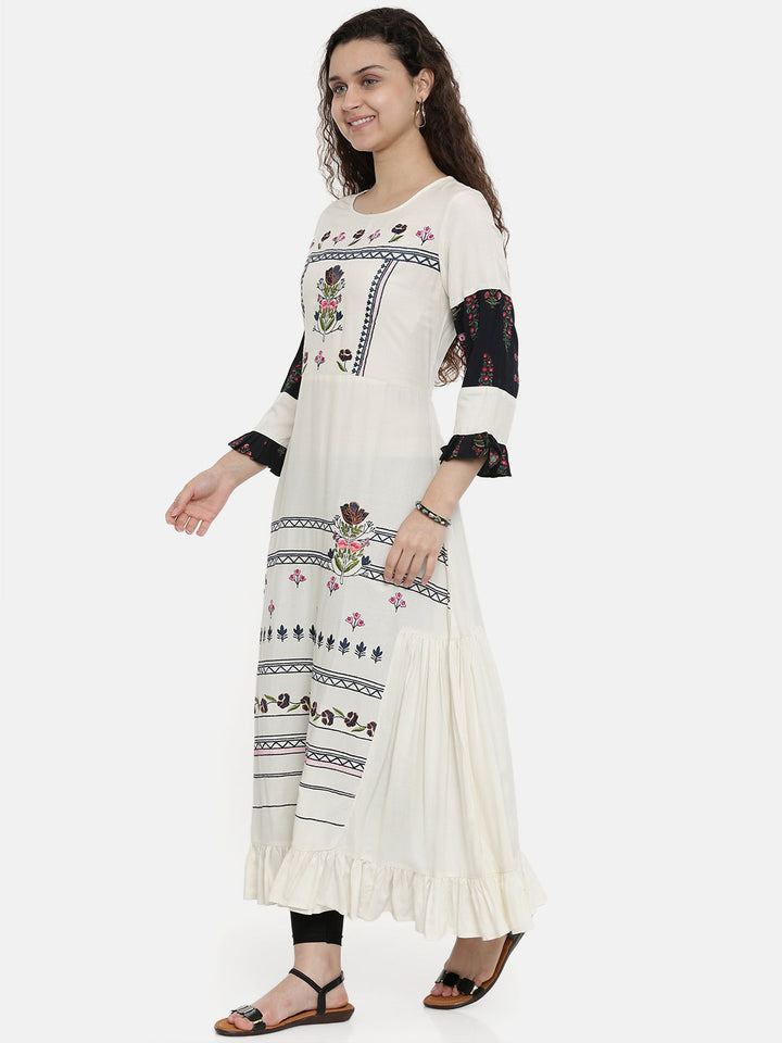 Neerus White rayon embroidered anarkali kurti - detail view 1