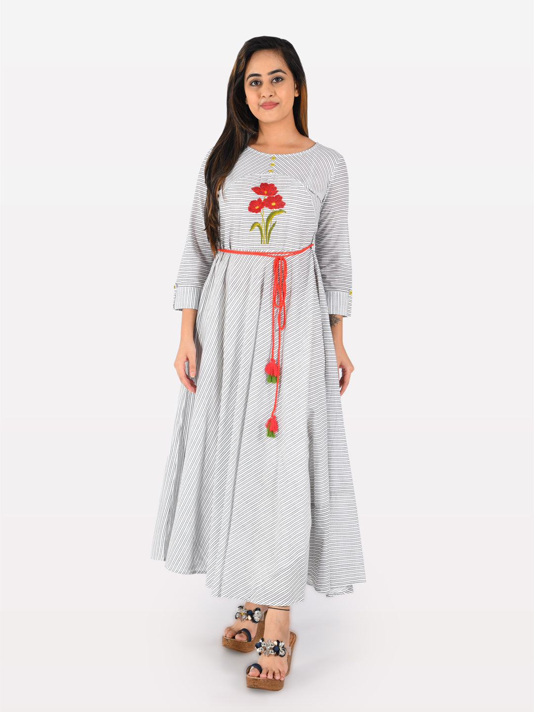 Neerus White cotton printed anarkali kurta striped - front view