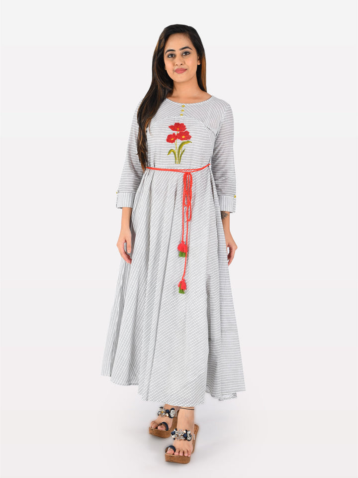Neerus White cotton printed anarkali kurta striped - front view