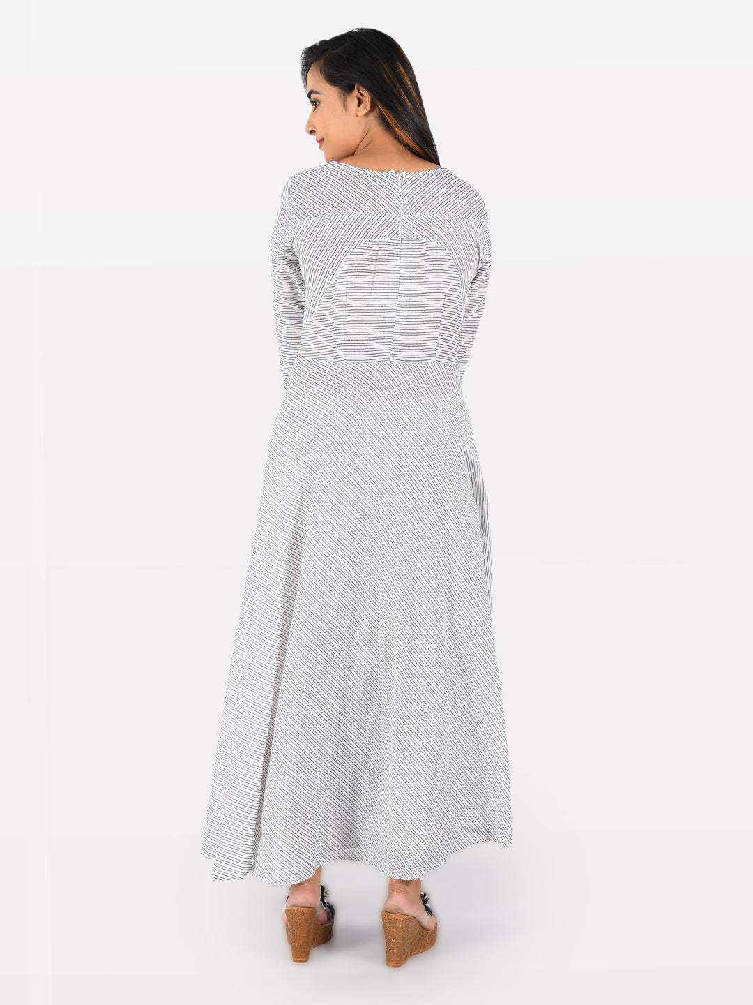 Neerus White cotton printed anarkali kurta striped - back view