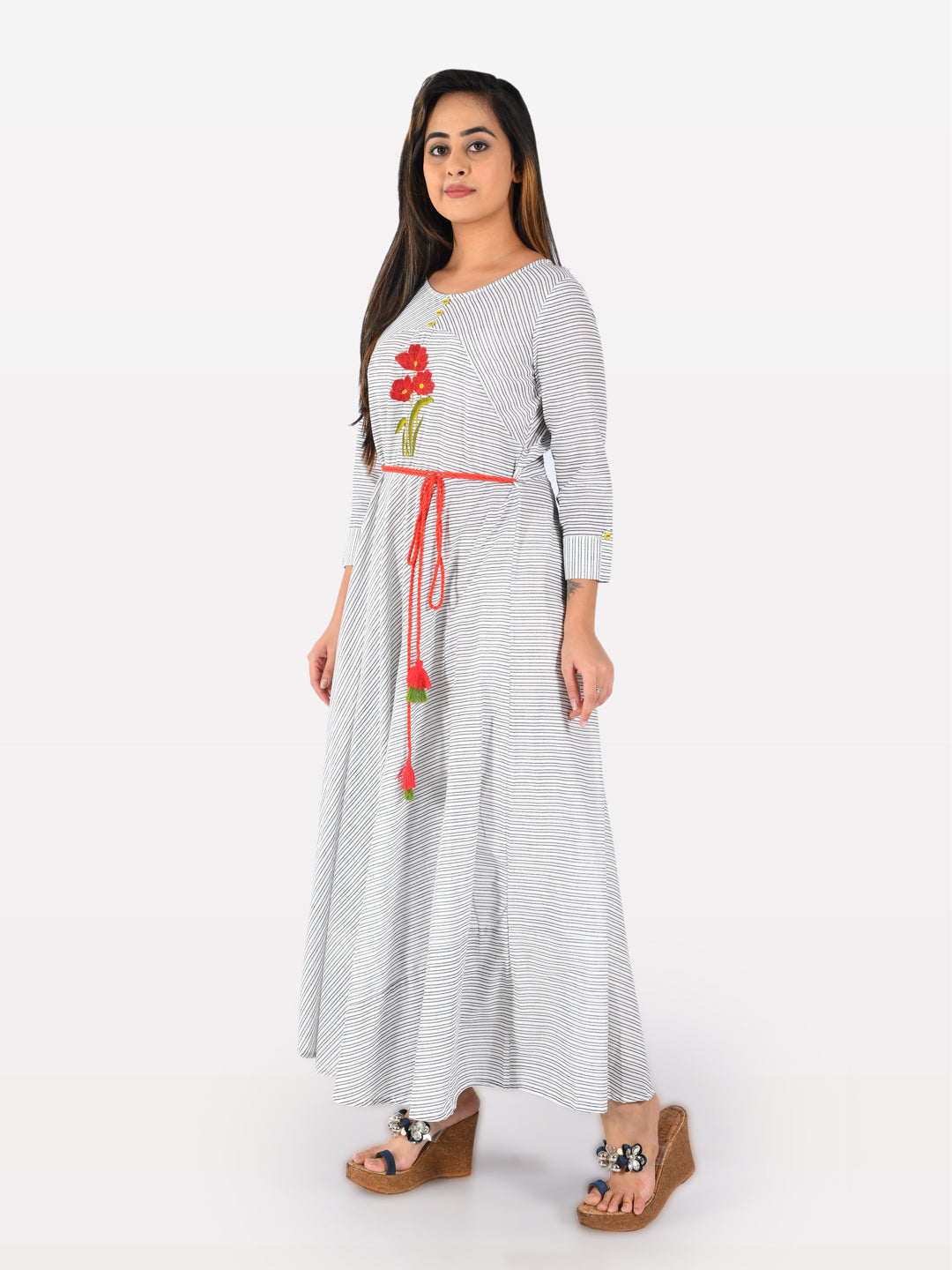 Neerus White cotton printed anarkali kurta striped - detail view 1