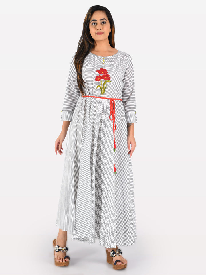 Neerus White cotton printed anarkali kurta striped - detail view 2