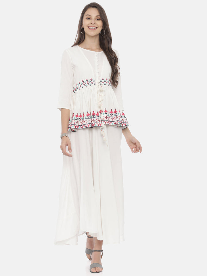 Neerus White rayon embroidered high-low kurta with jacket - detail view 5