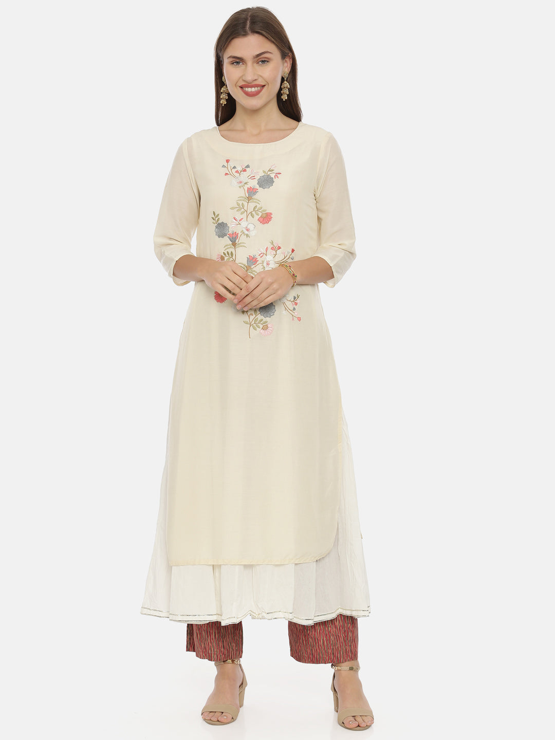 Neerus Beige muslin solid kurti - front view