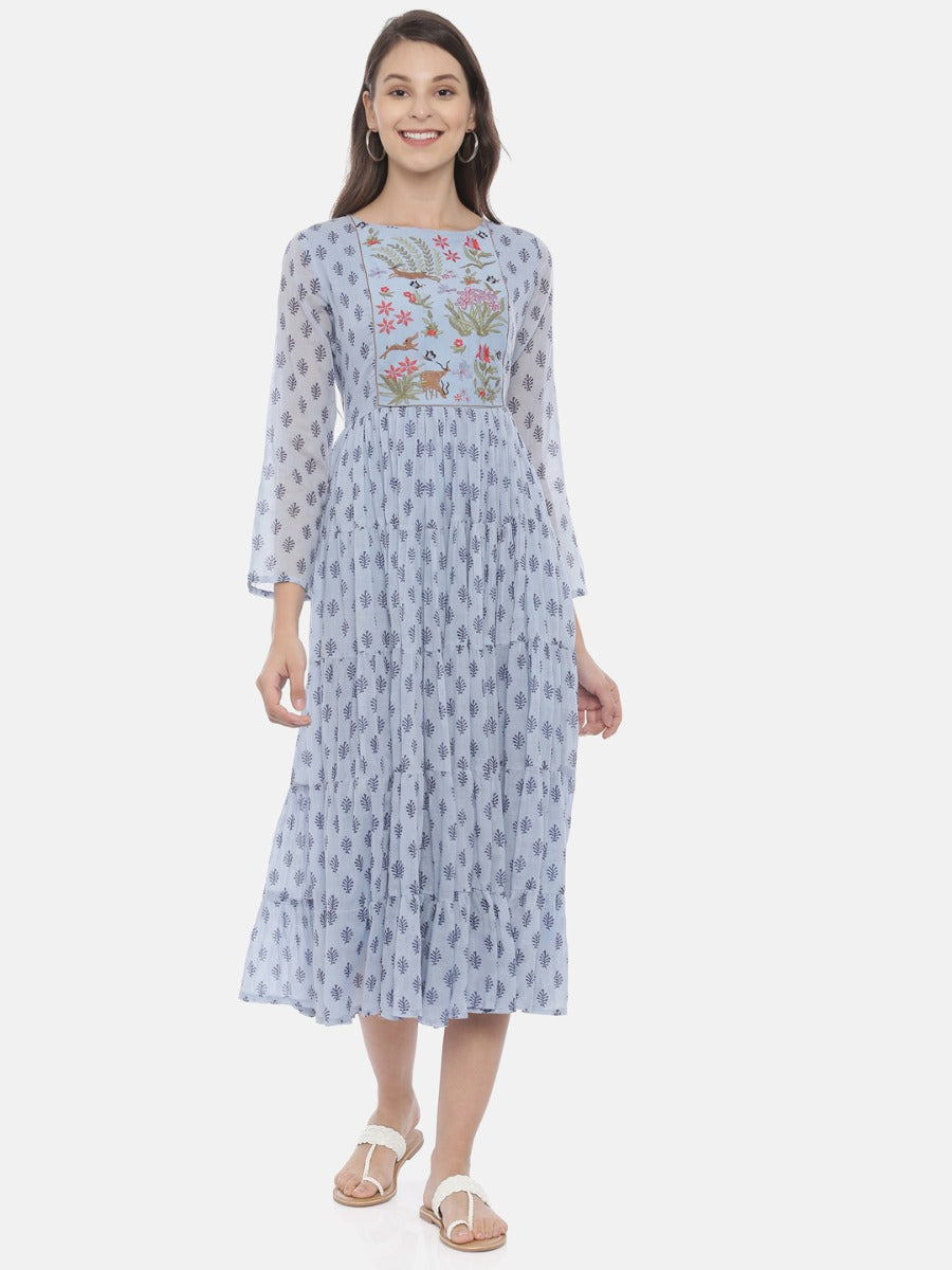 Neerus Blue cotton embroidered flared kurta - front view
