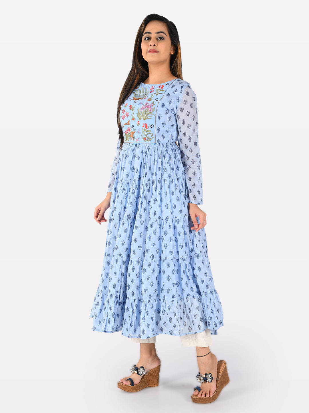 Neerus Blue cotton embroidered flared kurta - detail view 4
