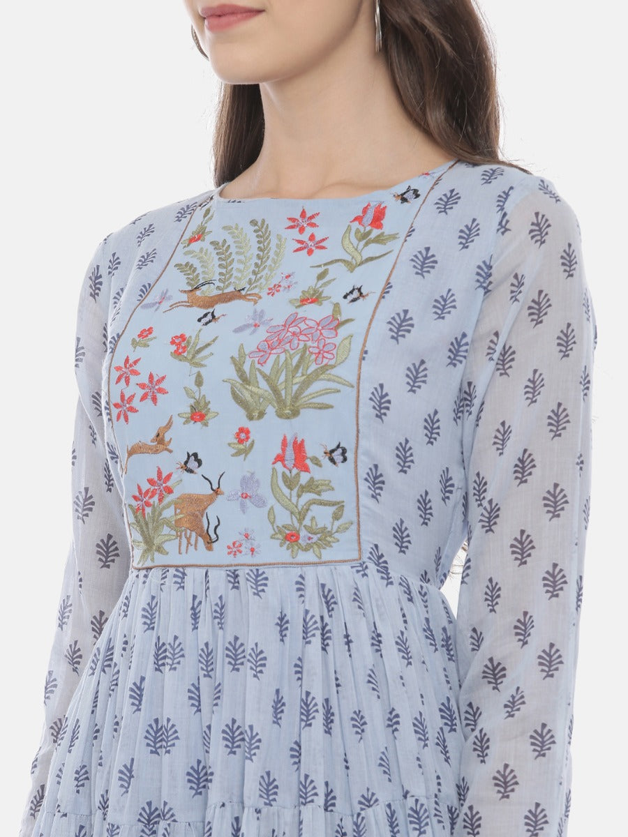 Neerus Blue cotton embroidered flared kurta - back view