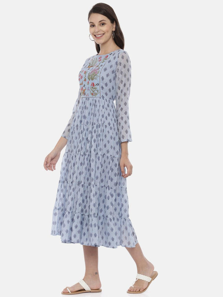Neerus Blue cotton embroidered flared kurta - side view