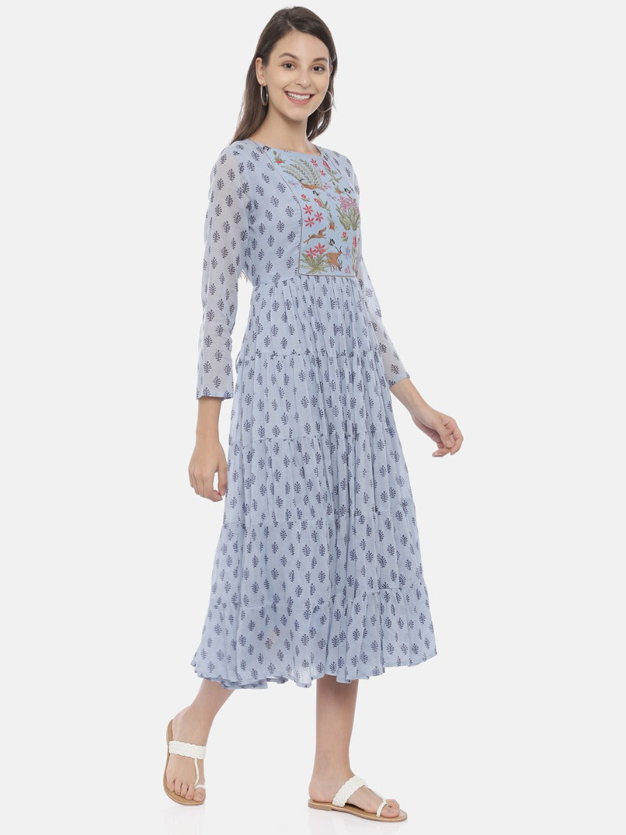 Neerus Blue cotton embroidered flared kurta - detail view 1